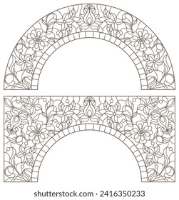 Eine Reihe von Konturillustrationen im Stil von Buntglas mit Bögen mit Blumen und Schlingen, dunkle Konturen auf weißem Hintergrund