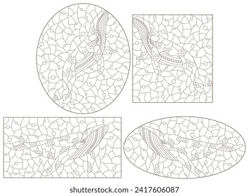 A set of contour illustrations in the style of stained glass with abstract whales, dark contours on a white background