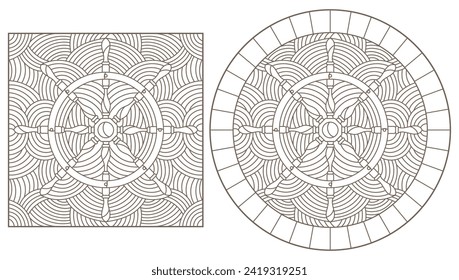 Eine Reihe von Kontur-Illustrationen im Stil von Buntglas auf einem Meeresthema, Anker- und Lenkrad, dunkle Konturen auf weißem Hintergrund