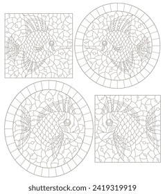 Set of contour illustrations in the style of stained glass with abstract fish, dark outlines on a white background