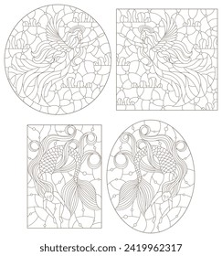 A set of contour illustrations in the style of stained glass with angel girls and mermaid, dark contours on a white background