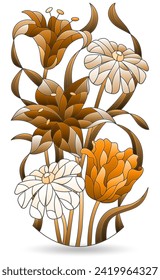Eine Reihe von Kontur-Illustrationen im Stil von Buntglas mit Blumensträußen, Blumen einzeln auf weißem Hintergrund, tonbrauner Farbe