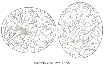 A set of contour illustrations in the style of stained glass with birds on tree branches, dark contours on a white background