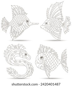 Set of contour illustrations in the style of stained glass with abstract fish, dark outlines on a white background