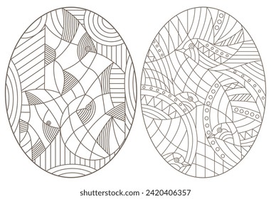 A set of contour illustrations in the style of stained glass with abstract fish and birds, dark outlines on a white background