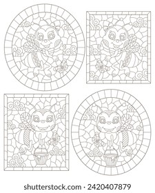 A set of contour illustrations in the style of a stained glass window with cartoon bees, dark contours on a white background