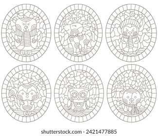 A set of contour illustrations in the style of stained glass with cute animals, dark contours on a white background