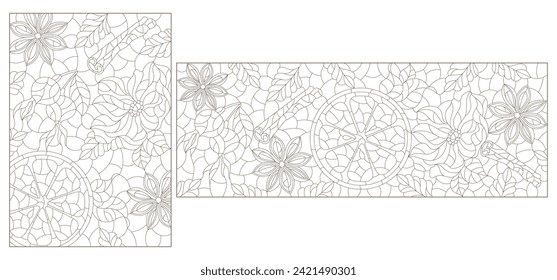 A set of contour illustrations in the style of stained glass with berries, flowers and spices, dark contours on a white background