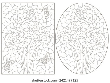 A set of contour illustrations in the style of stained glass with bouquets of carnations, dark outlines on a white background