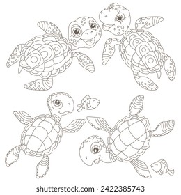 A set of contour illustrations in the style of stained glass with cute cartoon turtles, dark