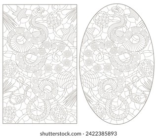 A set of contour illustrations in the style of stained glass with abstract snakes, dark contours on a white background