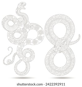 A set of contour illustrations in the style of stained glass with abstract snakes, dark contours on a white background