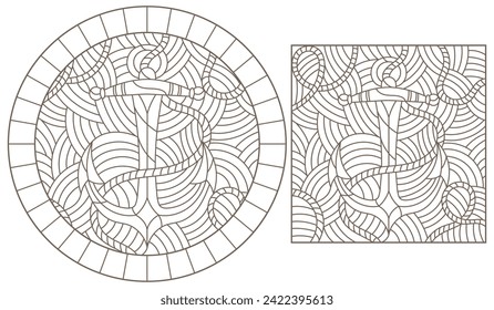 A set of contour illustrations in the style of stained glass on a marine theme, anchor and steering wheel, dark contours on a white background