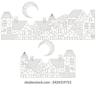 A set of contour illustrations in the style of stained glass with urban landscapes, dark contours on a white background