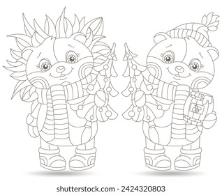 A set of contour illustrations in the style of a stained glass window with a hedgehog and a bear , dark contours on a white background