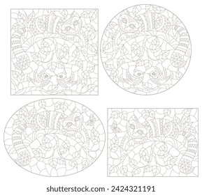 Un conjunto de ilustraciones de contorno en el estilo de vitrales con gatos y pájaros en ramas de árboles, contornos oscuros sobre un fondo blanco