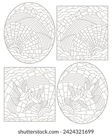 A set of contour illustrations in the style of stained glass with celestial landscapes with pigeons, dark contours on a white background