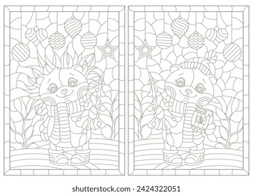 A set of contour illustrations in the style of a stained glass window with a hedgehog and a bear , dark contours on a white background