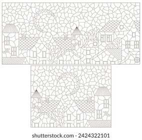 A set of contour illustrations in the style of stained glass with urban landscapes, dark contours on a white background
