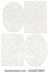 A set of contour illustrations in the style of stained glass with abstract trees, dark contours on a white background