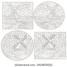 A set of contour illustrations in the style of stained glass with windmills, dark contours on a white background