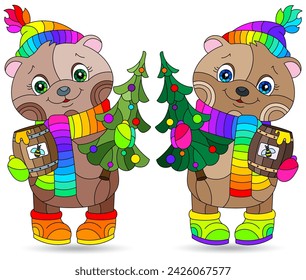 A set of contour illustrations in the style of a stained glass window with a bears , dark contours on a white background