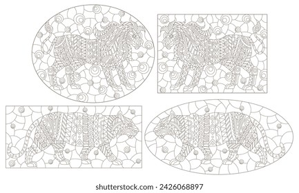 A set of contour illustrations in the style of stained glass with abstract lion and tiger, dark contours on a white background