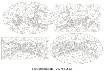 A set of contour illustrations in the style of stained glass with abstract rabbit and wolf, dark contours isolated on a white background