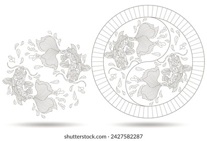 A set of contour illustrations in the style of stained glass with koi carp fish, dark contours on a white background