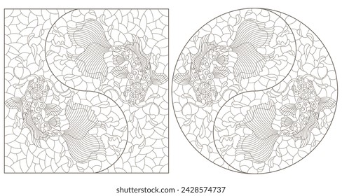 A set of contour illustrations in the style of stained glass with koi carp fish, dark contours on a white background