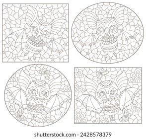 A set of contour illustrations in the style of stained glass with cartoon bats, dark outlines on a white background