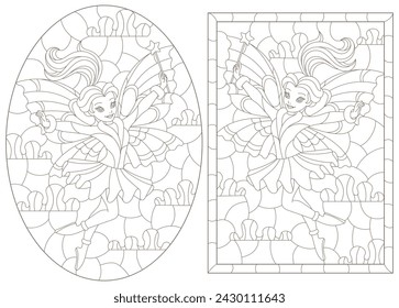 A set of contour illustrations in the style of stained glass with fairy girls, dark outlines on a white background
