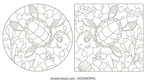 A set of contour illustrations in the style of stained glass with cute cartoon turtles, dark outlines on a white background