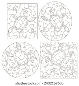 A set of contour illustrations in the style of stained glass with cute cartoon turtles, dark outlines on a white background