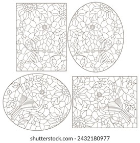 A set of contour illustrations in the style of stained glass with birds on tree branches, dark contours on a white background