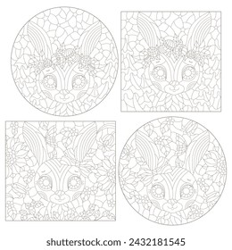 A set of contour illustrations in the style of stained glass with cute portraits of rabbits, dark contours on a white background