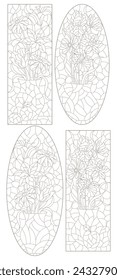 A set of contour illustrations in the style of stained glass with a floral still life, flowers and fruits on a white background