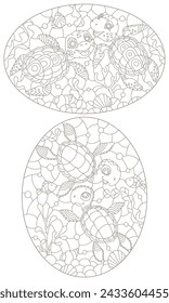 A set of contour illustrations in the style of stained glass with cute cartoon turtles, dark