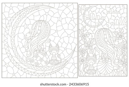 A set of contour illustrations in the style of stained glass with a girl, a cat and the moon, dark contours on a white background