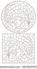 A set of contour illustrations in the style of stained glass with compositions of vegetables, dark contours on a white background