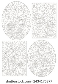 Set of contour illustrations in the style of stained glass with compositions of cacti, dark outlines on a white background