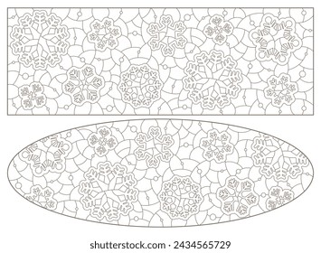 Un conjunto de ilustraciones de contorno en el estilo de vitrales con copos de nieve, contornos oscuros sobre un fondo blanco