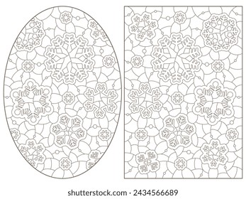Un conjunto de ilustraciones de contorno en el estilo de vitrales con copos de nieve, contornos oscuros sobre un fondo blanco