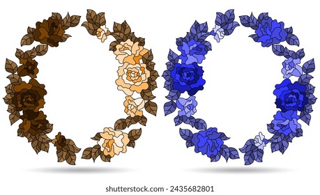 A set of contour illustrations in the style of stained glass with flower wreaths, isolated on a white background, tone blue and brown