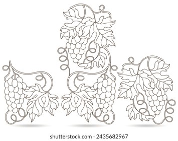 A set of contour illustrations in the style of stained glass with grape vines, dark contours isolated on a white background