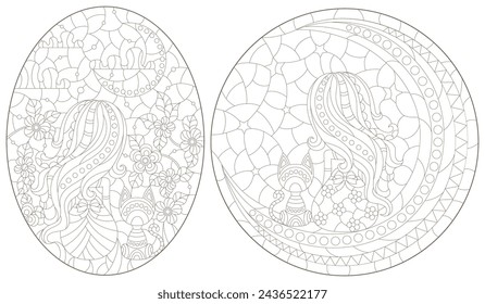 A set of contour illustrations in the style of stained glass with a girl, a cat and the moon, dark contours on a white background