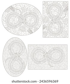 A set of contour illustrations in the style of stained glass with abstract snakes, dark contours on a white background