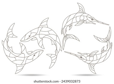 A set of contour illustrations in the style of stained glass with sharks and swordfish, dark outlines on a white background