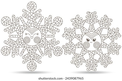 A set of contour illustrations in the style of stained glass windows with cute snowflakes, dark outlines on a white background