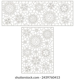 Un conjunto de ilustraciones de contorno en el estilo de vitrales con copos de nieve, contornos oscuros sobre un fondo blanco